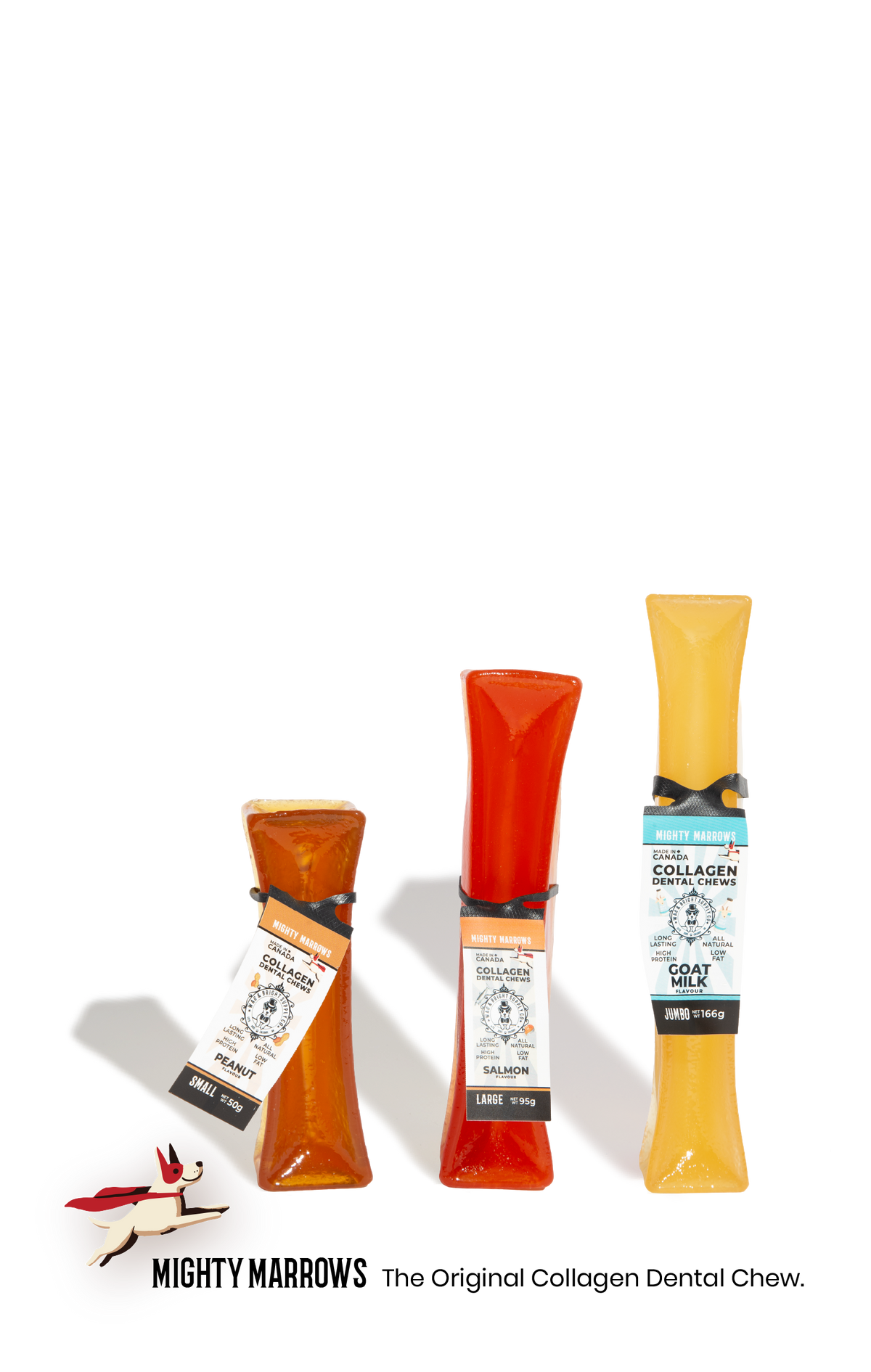 Three packaged collagen dental chews from Mighty Marrows are arranged on a white background, with the brand name printed below them. The products come in amber, red, and yellow-orange packaging with black ribbons and white labels.